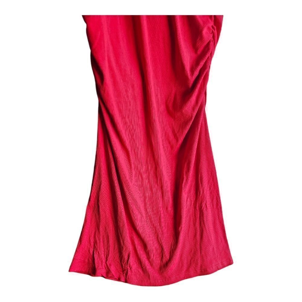 BOSTON PROPER Ruffle Knit Rib Ruched Dress Racing Red - Size Medium - Picture 7 of 9